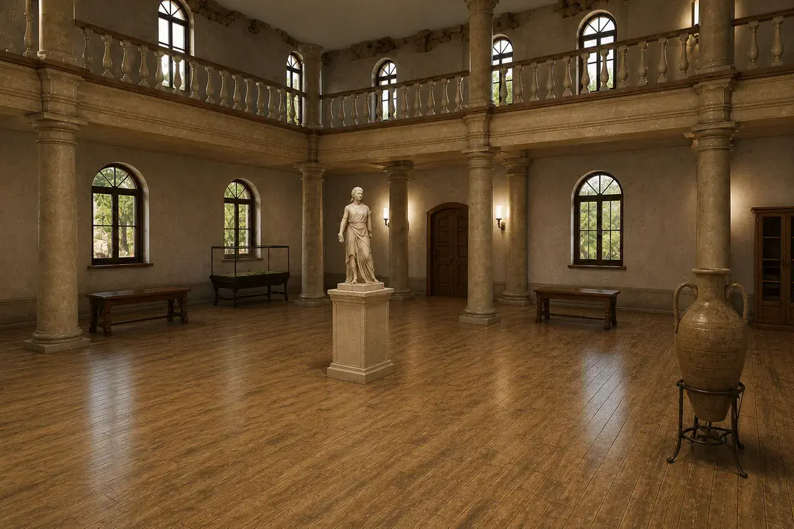 Museum hall demo with artworks, information points, and media interactions