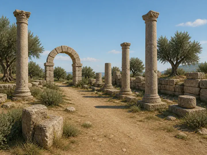 Compiled VRodos Outdoor Classroom scene with ruins and a marked learning route