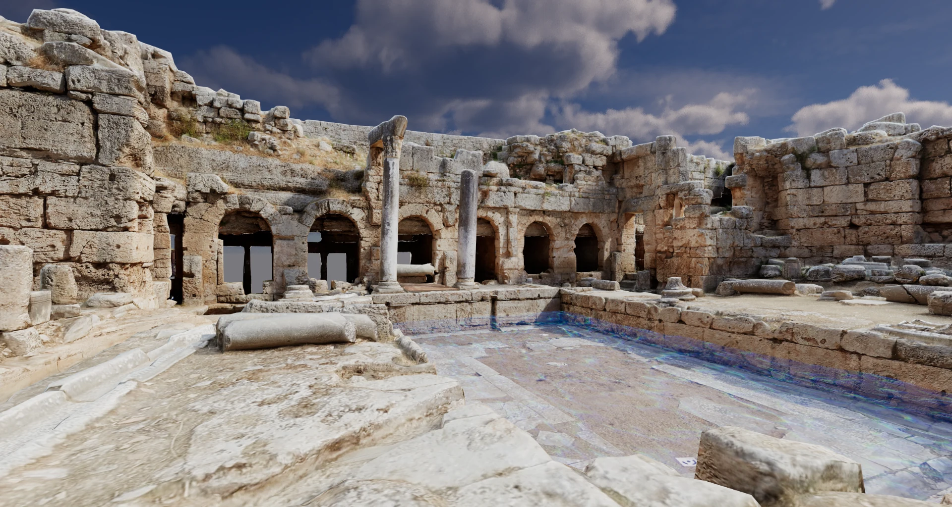 Eye-level view from a dry paved terrace inside Ancient Corinth, facing weathered arches and surviving stone columns