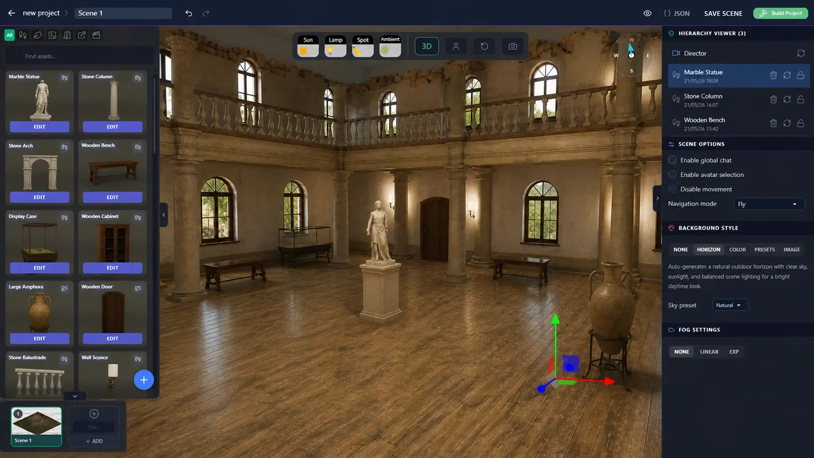 VRodos browser editor showing a museum scene, asset tray, and settings controls